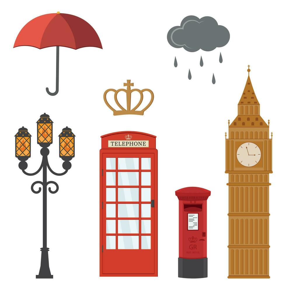 A set of sights and symbols of London, vector isolated illustration