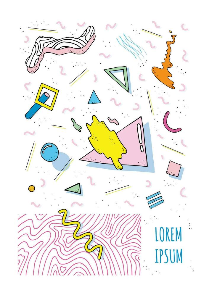 Poster in retro style 80s-90s with geometric modern shapes. Party placard template. Vector Illustration, bright color