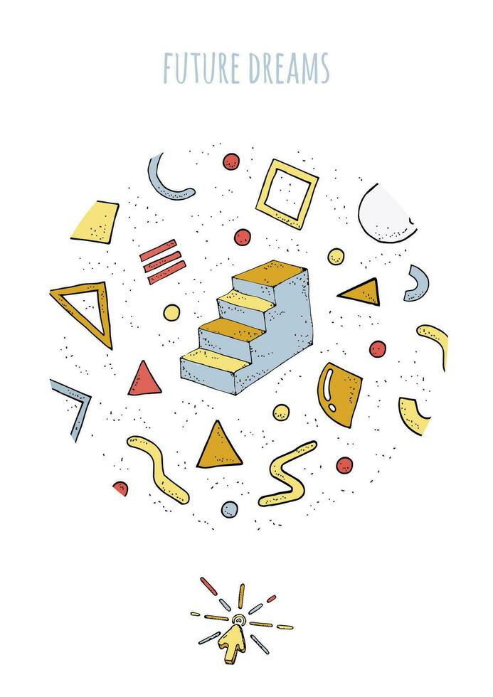 Abstract retro style 80s-90s poster with geometric shapes and stairs. Placard, design template. vector