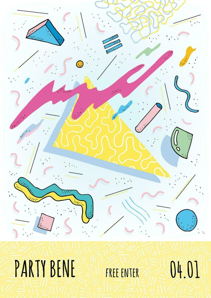 Poster in retro style with geometric modern shapes. Party placard template. Vector Illustration, bright color
