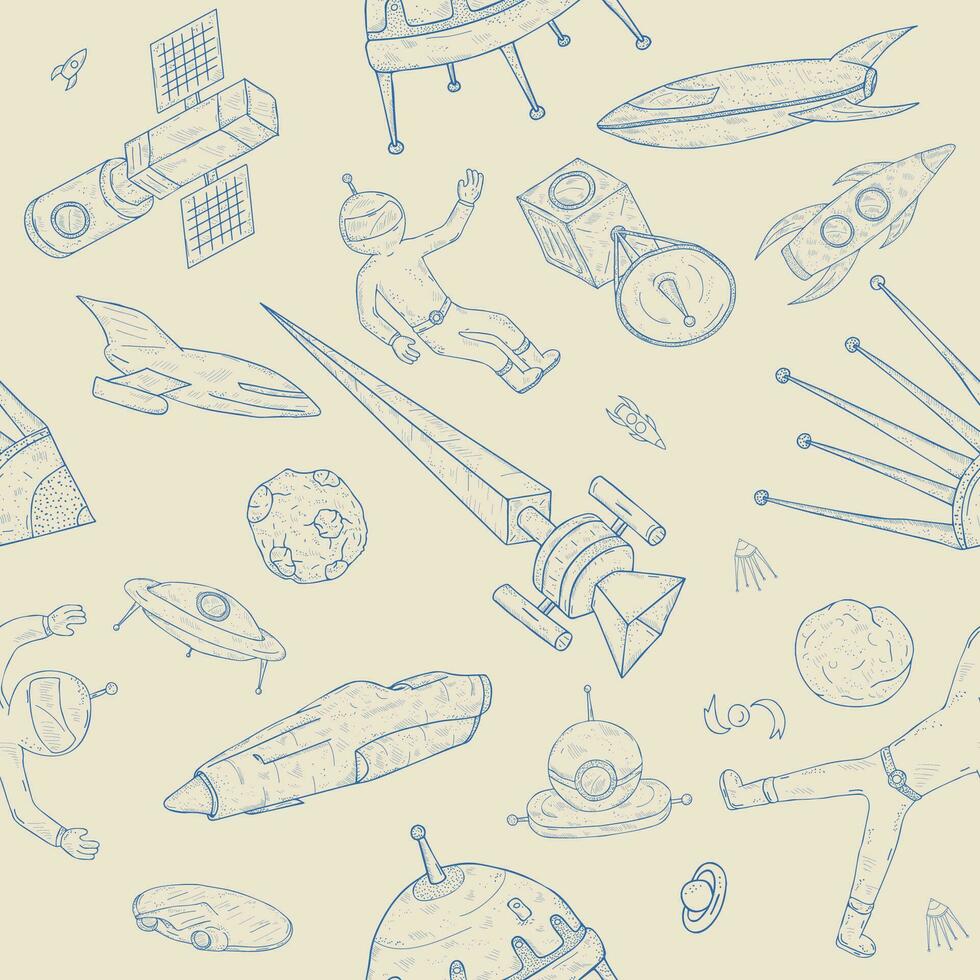 Hand drawn astronomy seamless pattern. Background with space objects, planets,shuttles, rockets, satellites and cosmonaut. vector