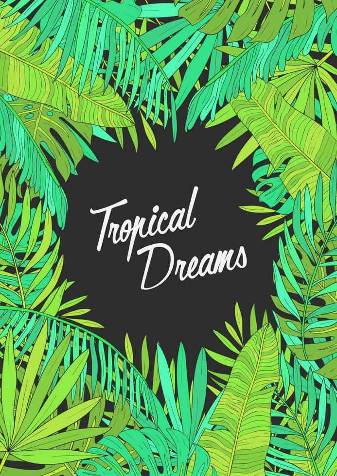 Summer background with tropical leaves, monstera, chamaedorea, banana and other palms. Template for placard, poster, event invitation with place for text. vector