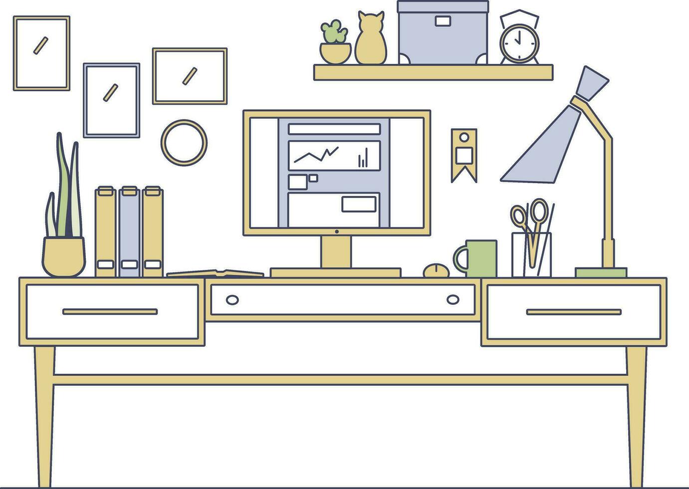 Line art workplace in flat style. Outline illustration of modern creative working place interior. vector