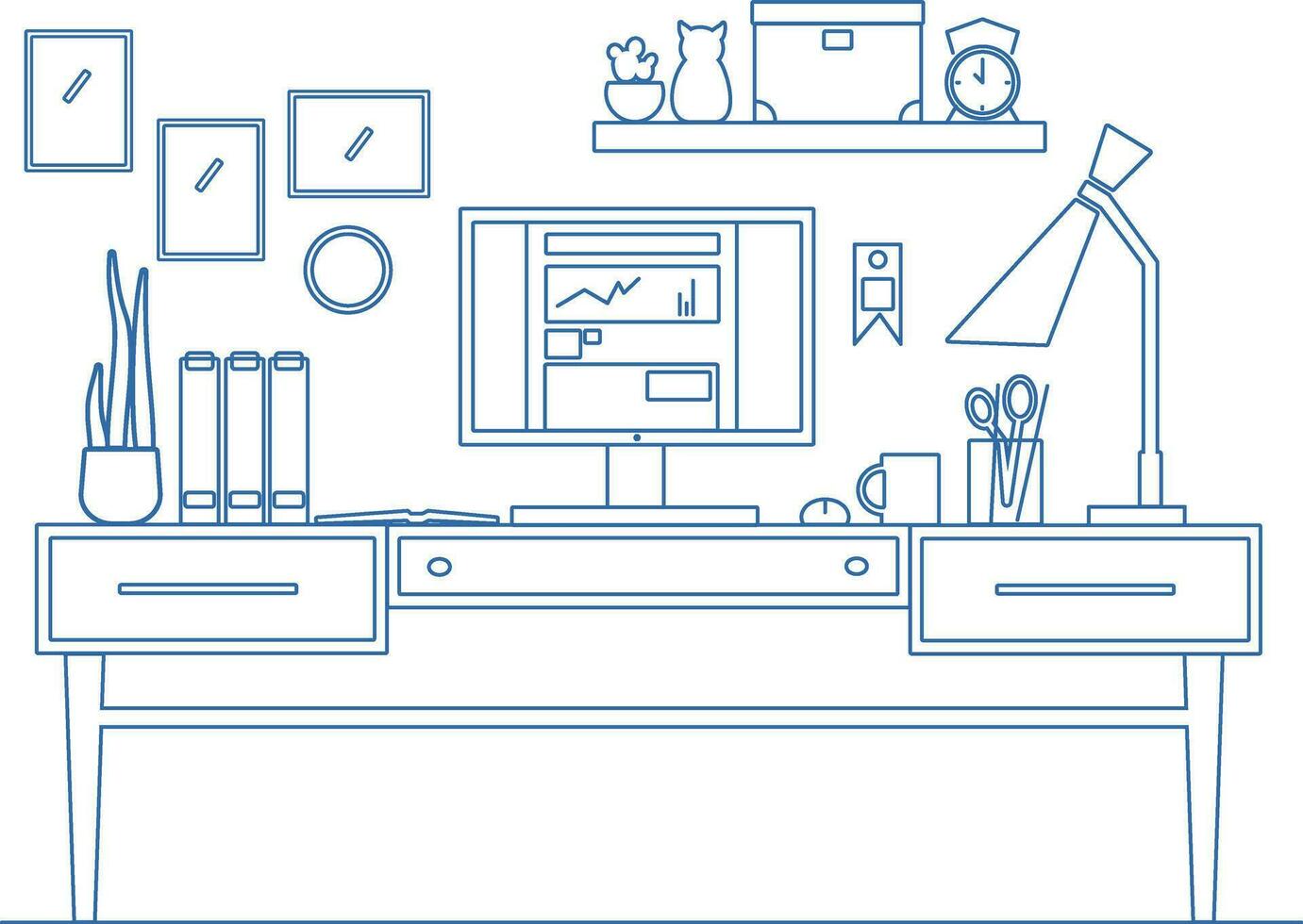 Line art workplace in flat style. illustration of modern working creative space. vector