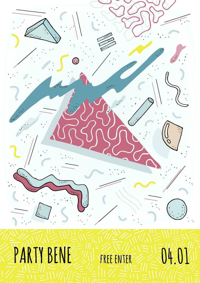 Poster in retro style 80s-90s with geometric modern shapes. Party placard template. Vector Illustration