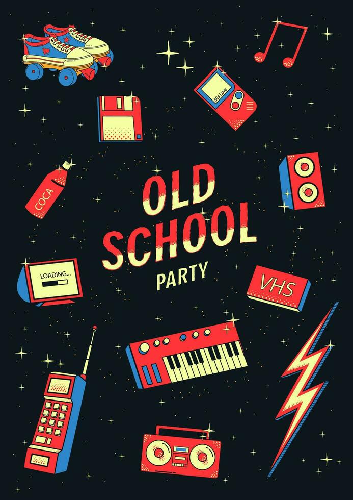 old school elements set. retro and disco illustration with synthesizers, tape recorder, phone vector