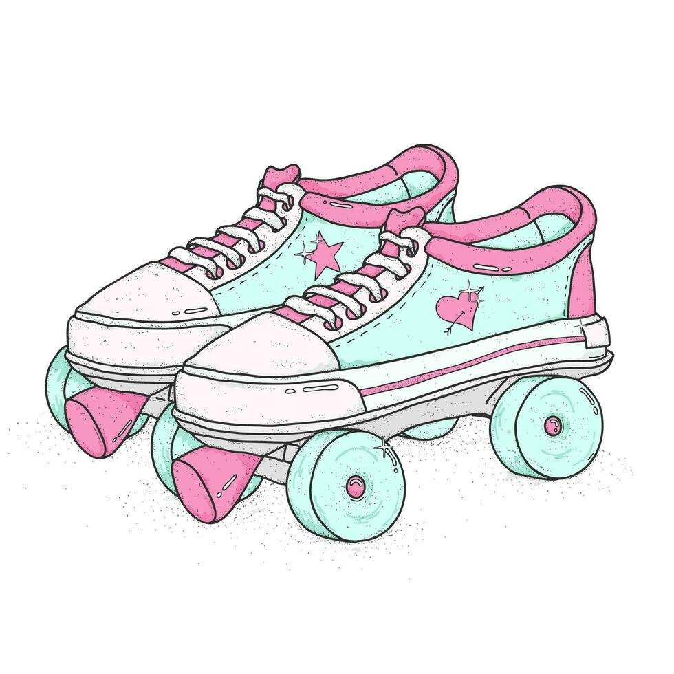Quad roller skates on white background. Retro laced boots, colorful vector illustration.