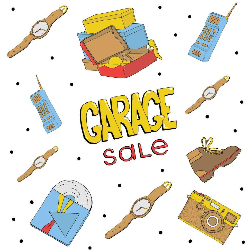 Garage sale hand drawn seamless pattern. Camera, gadget, phone, vector
