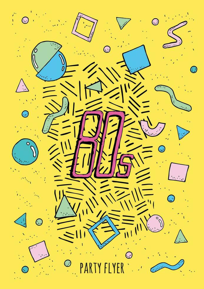 Abstract poster in retro style 80s with objects geometric shapes. Trendy colorful background. vector