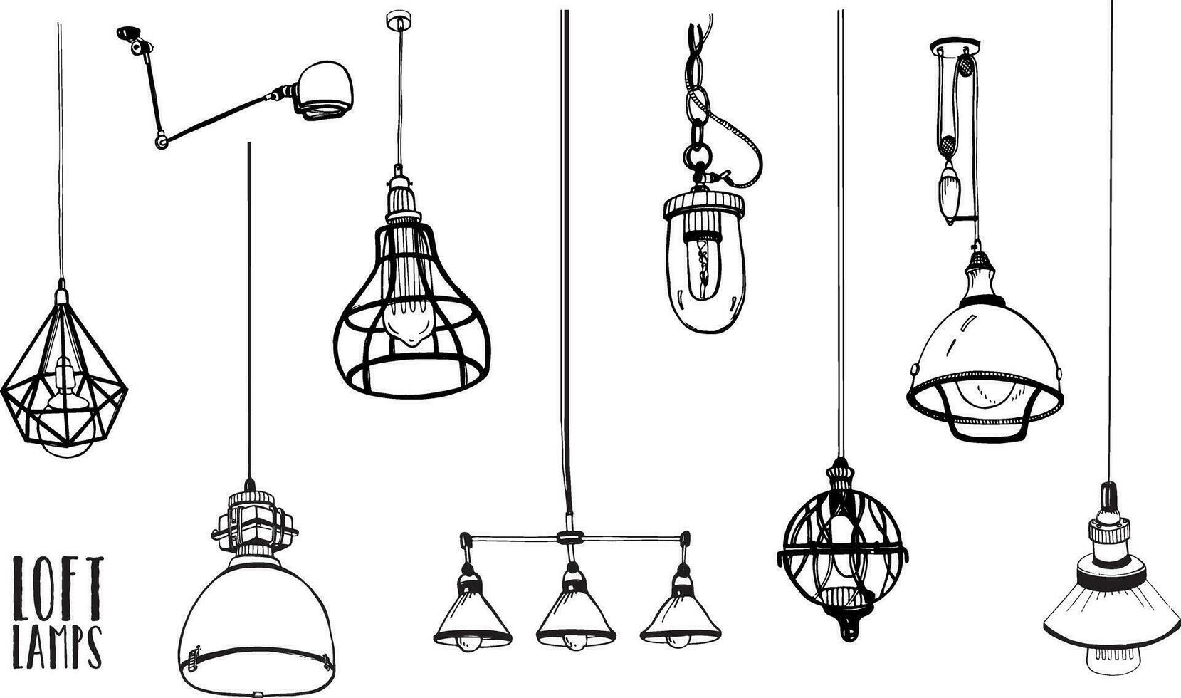 Set of modern isolated edison loft lamps, vintage, retro style light bulbs. Hand drawn vector collection.