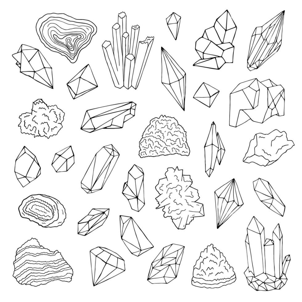 Minerals, crystals, gems Isolated black and white vector illustration hand drawn set.
