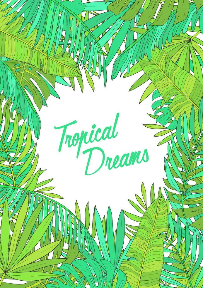 Summer background with tropical leaves, monstera, chamaedorea, banana and other palms. Template for placard, poster, event invitation with place for text. vector