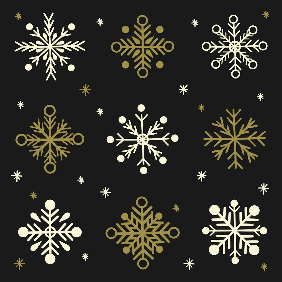 Set of gold and white snowflakes on a dark background . New Year illustration in flat style. vector