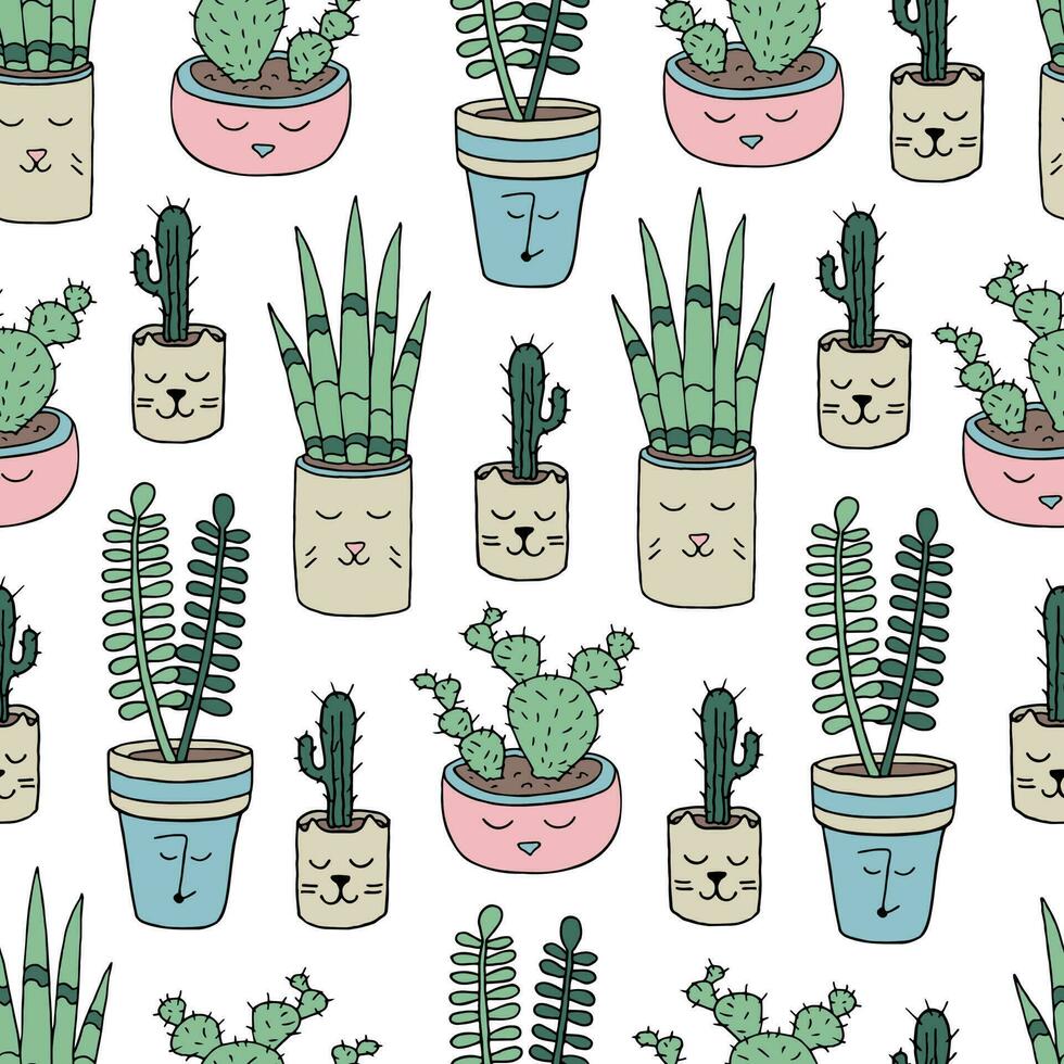 Seamless pattern with cute potted house plants. Cozy pattern vector