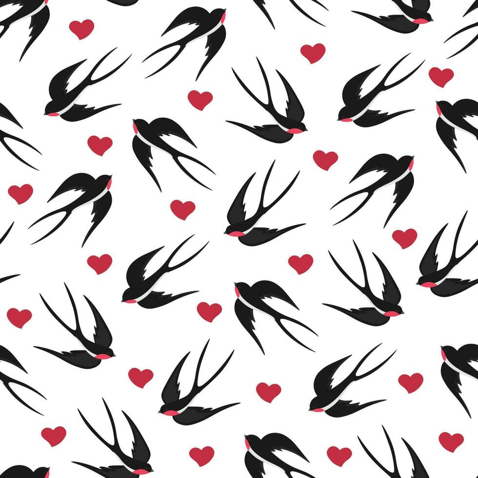 Seamless spring pattern with swallows and hearts. Illustration for Valentine's Day vector