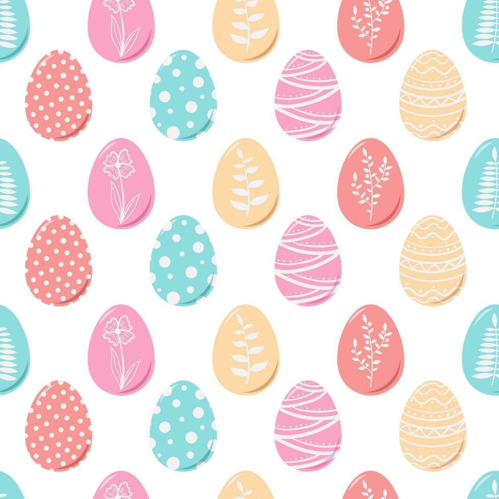 Seamless pattern with Easter eggs in doodle style, decorated with flowers, plants and patterns vector
