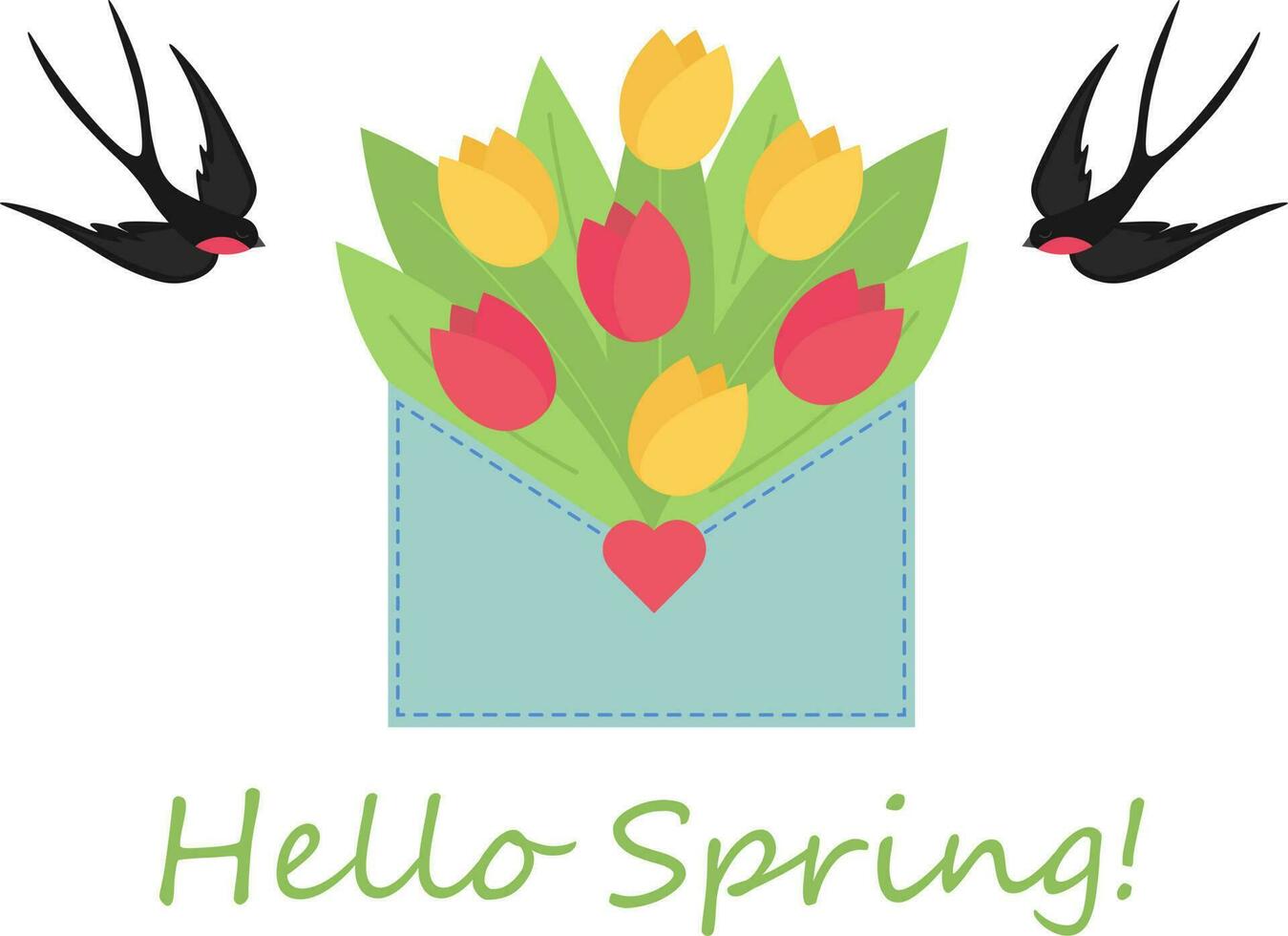 Illustration of a postal envelope with a bouquet of tulips and swallows. Envelope with flowers vector