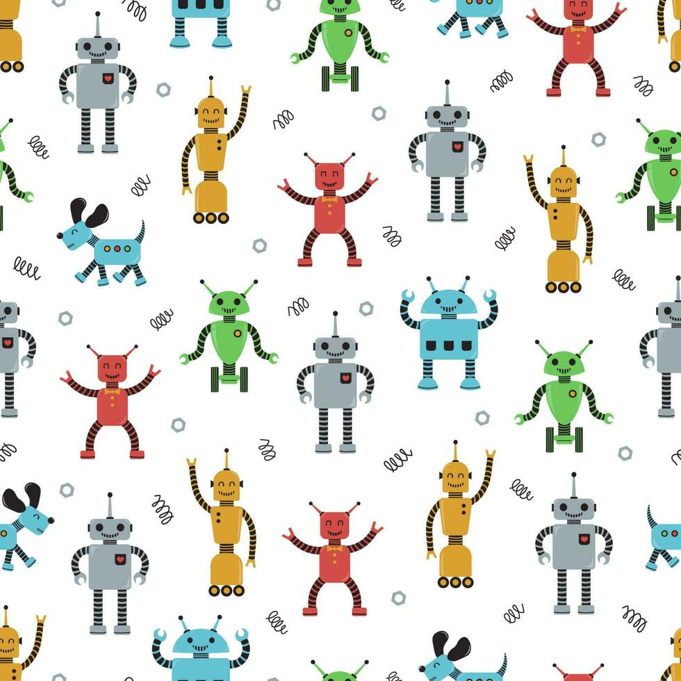 Seamless pattern with fun robots. A bright pattern for kids in a flat style vector