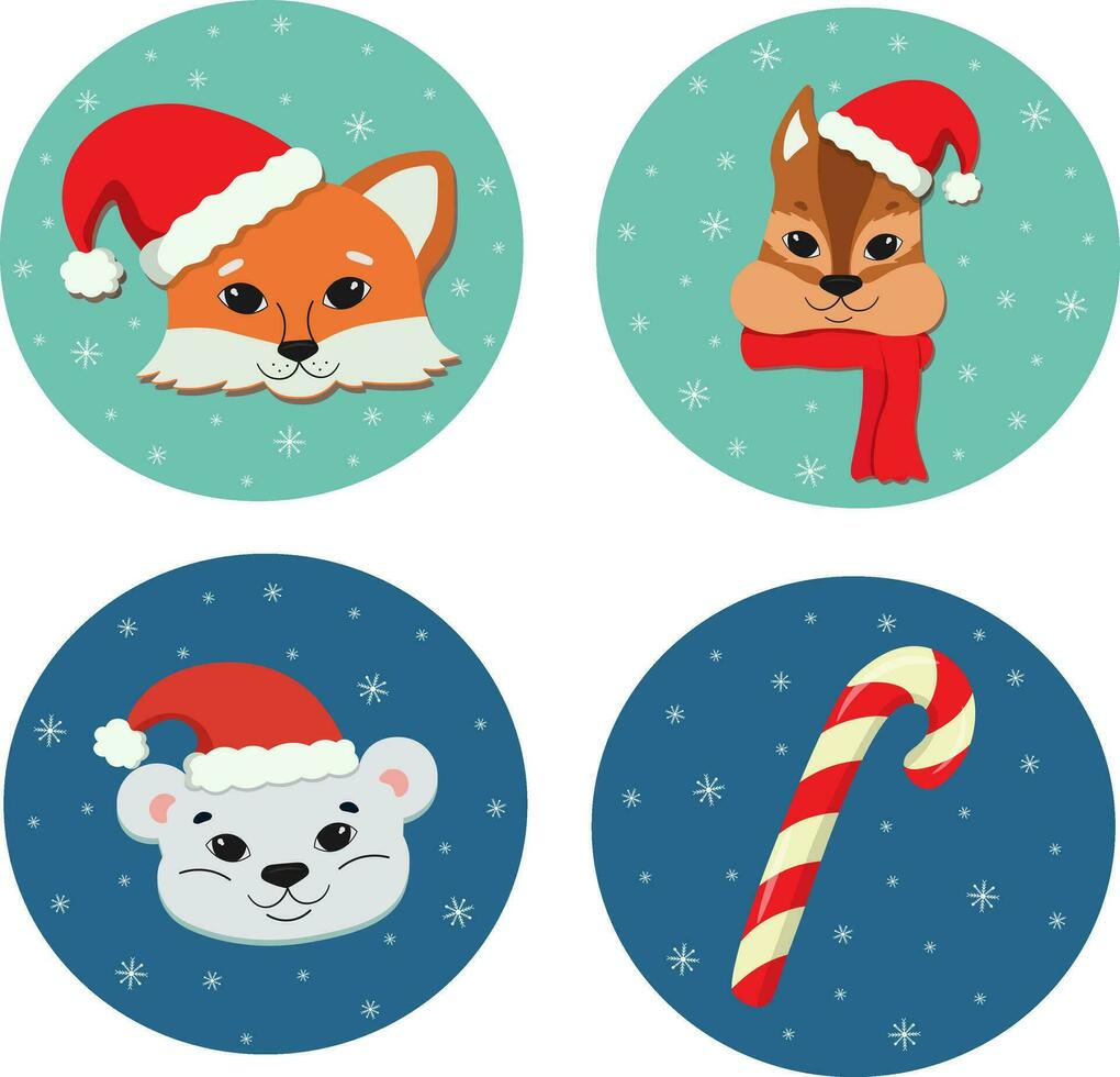 A New Year's set with animal faces in Santa Claus hats vector