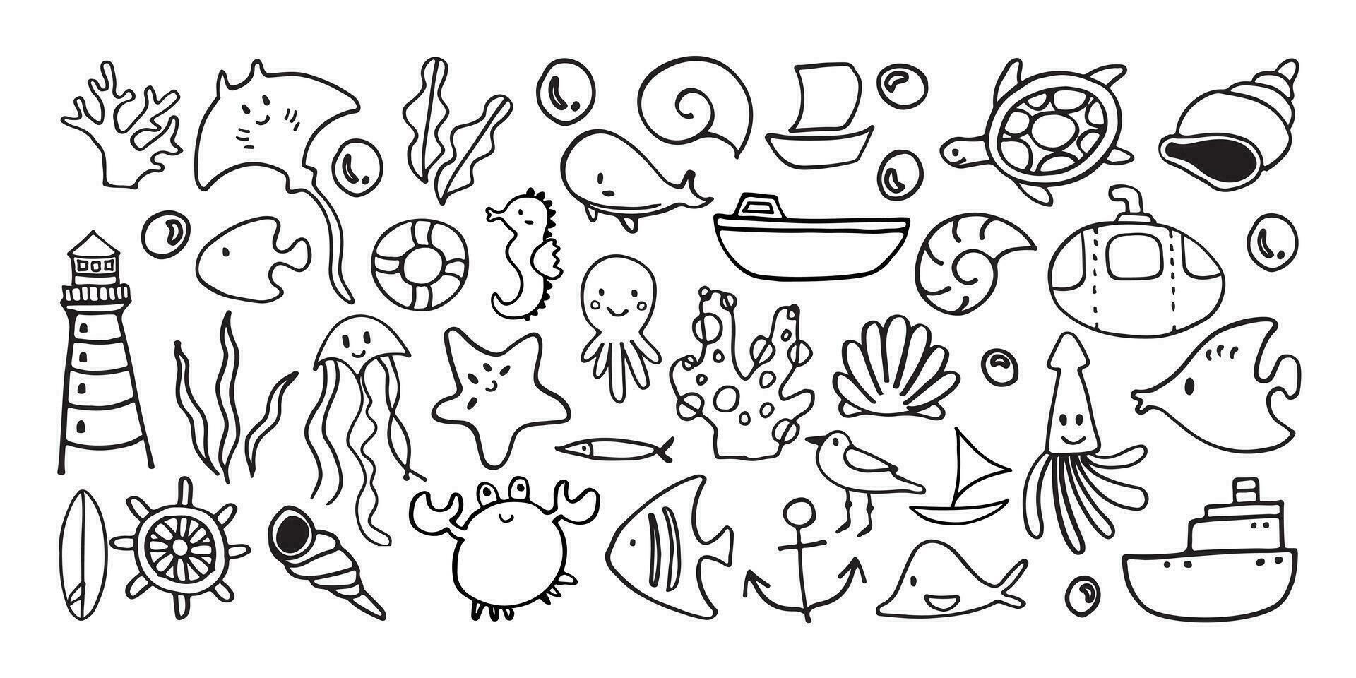Set of cute marine doodle art illustration vector