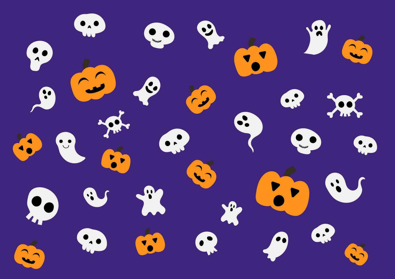 Happy Halloween concept. Cute white ghost characters with pumpkin cartoon on purple background for cards, banners, and web. Spooky expression. vector