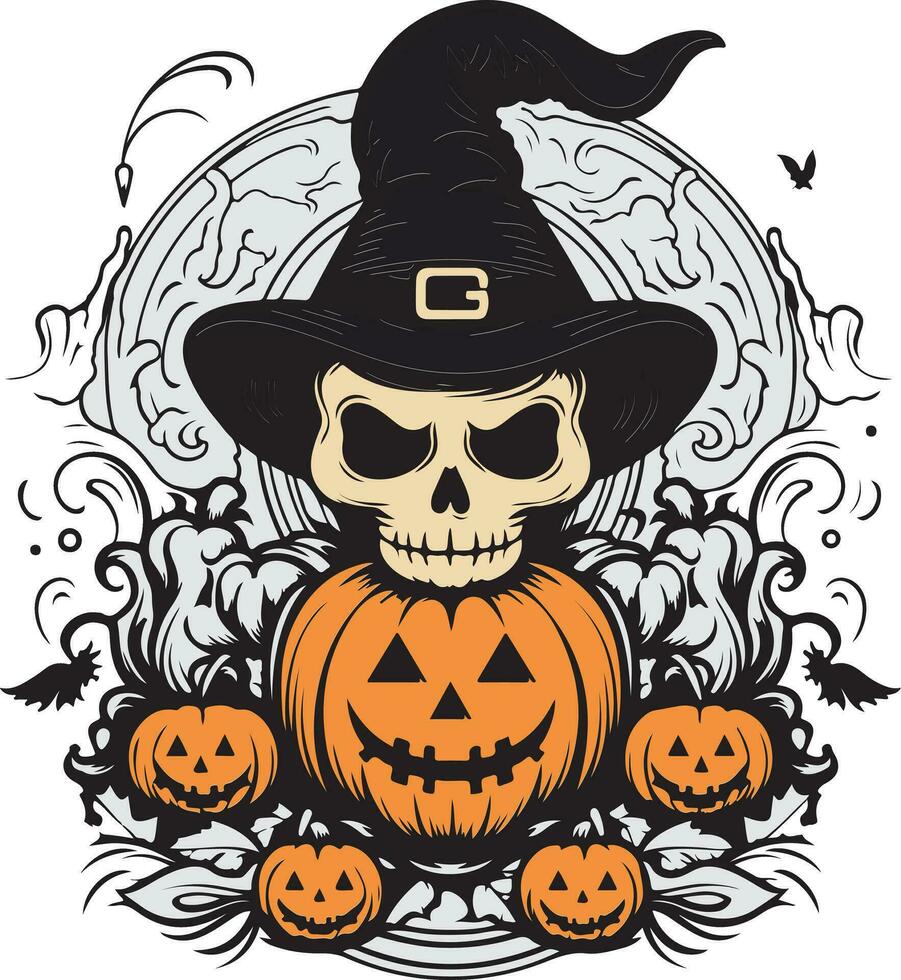 Halloween night skull retro with pumpkin vector