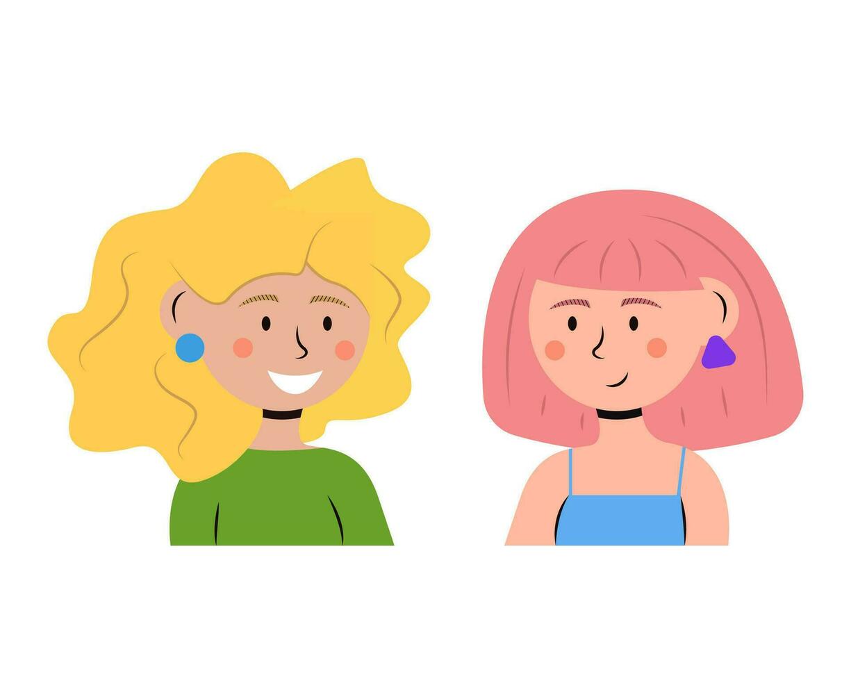 dos mujer hablando a cada otro. contento hembra amigos tener un conversación. plano vector ilustración aislado en blanco antecedentes.