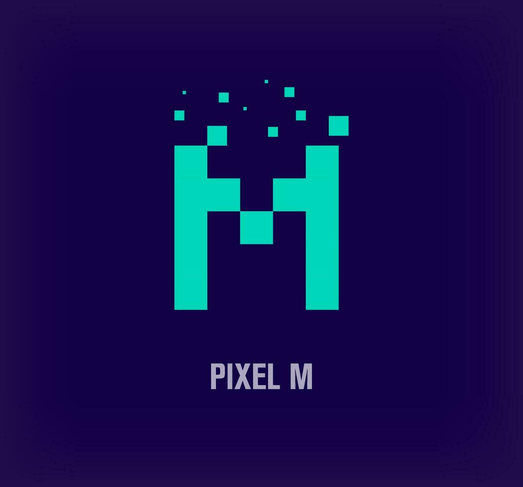 Creative pixel letter M logo. Unique digital pixel art and pixel explosion template. vector