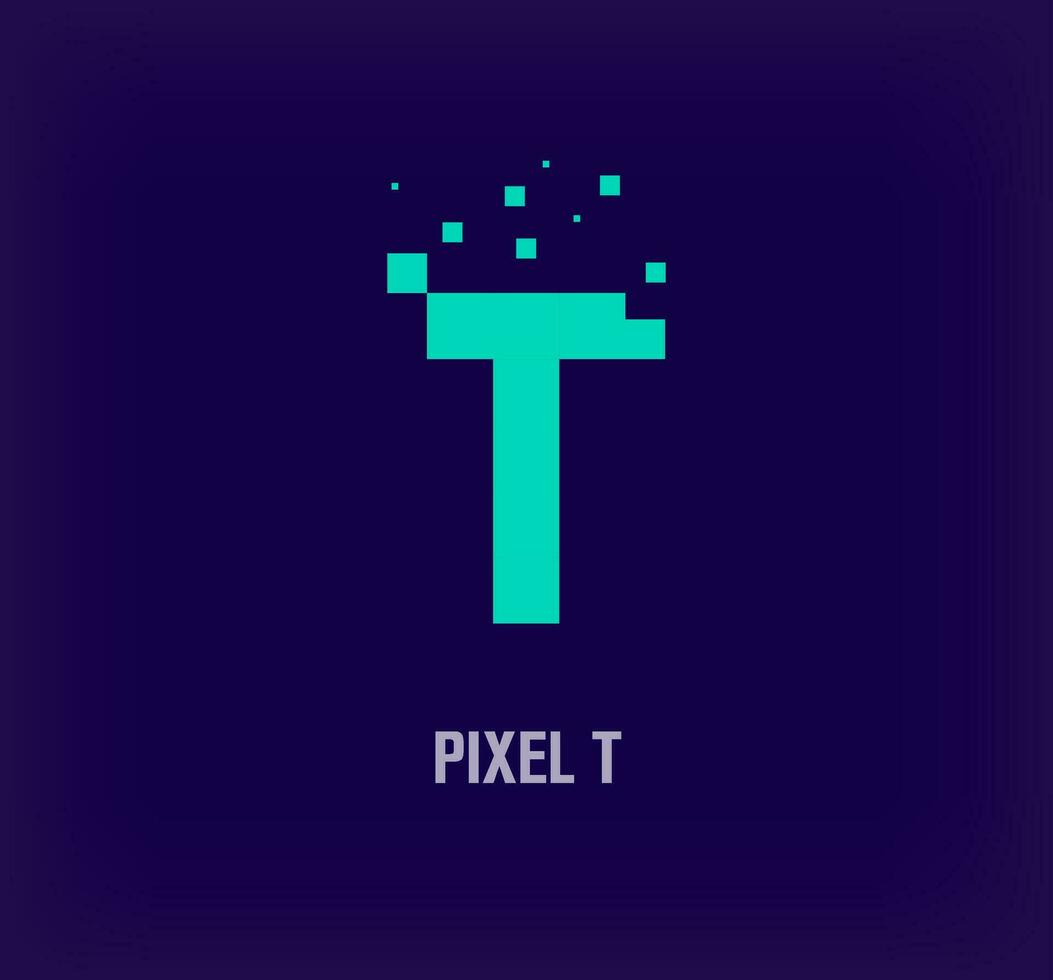 Creative pixel letter T logo. Unique digital pixel art and pixel explosion template. vector