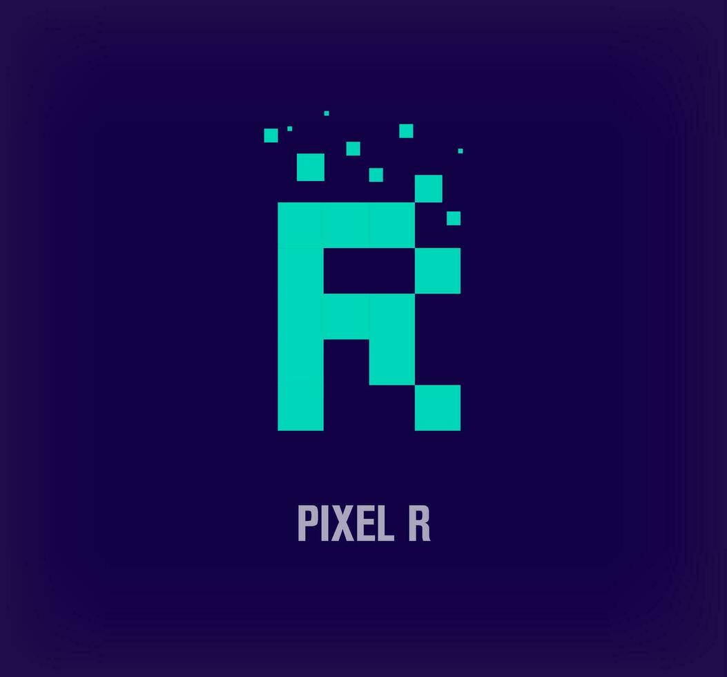 Creative pixel letter R logo. Unique digital pixel art and pixel explosion template. vector