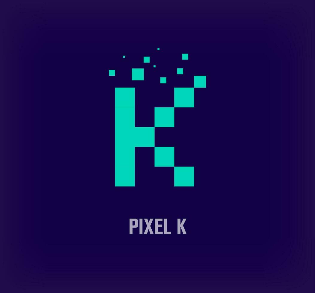 Creative pixel letter K logo. Unique digital pixel art and pixel explosion template. vector