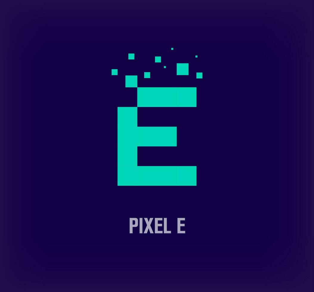 Creative pixel letter E logo. Unique digital pixel art and pixel explosion template. vector