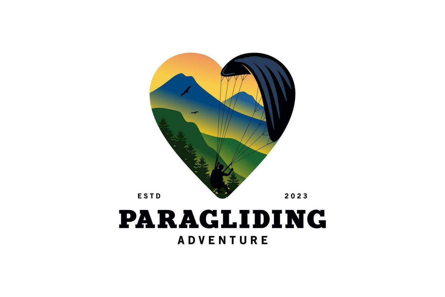 Adventure paragliding logo design with natural landscape background in love vector