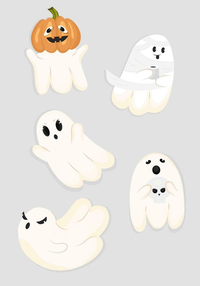 Sticker pack with funny ghosts on a light grey background. Cute flying souls, halloween characters. Ghosts in flight, scary ghosts, different emotions, pumpkins, mummy vector