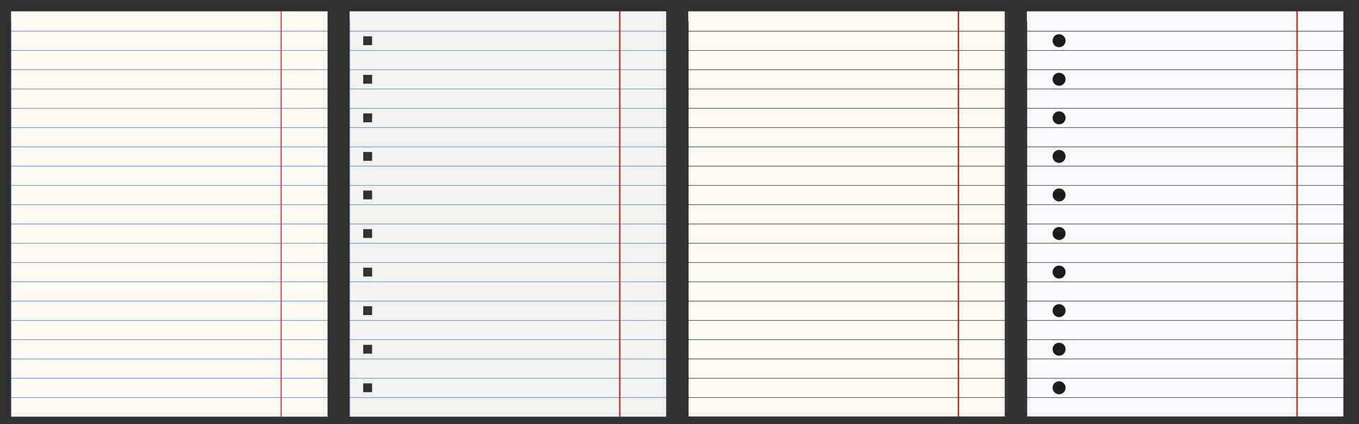 A set of sheets from a school notebook. Lined sheets, line print. Notebook fields. Different colour. Black lines ink, blue lines ink. Stationery, notebook, paper. School, university, office vector