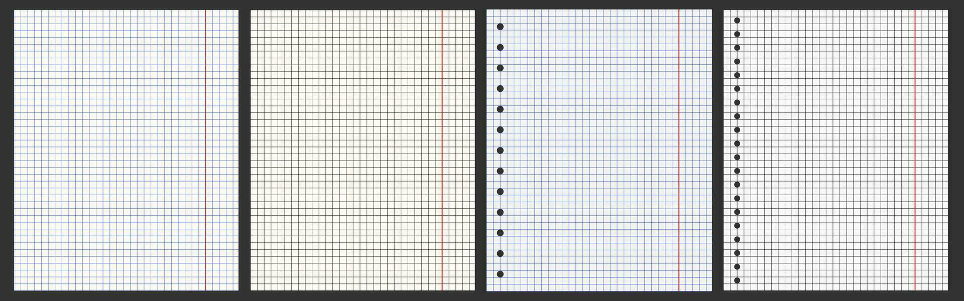 A set of sheets from a school notebook. Sheets in a cage, checkered print. Notebook fields. Different colour. Black cage, blue cage. Stationery, notebook, paper. School, university, office vector