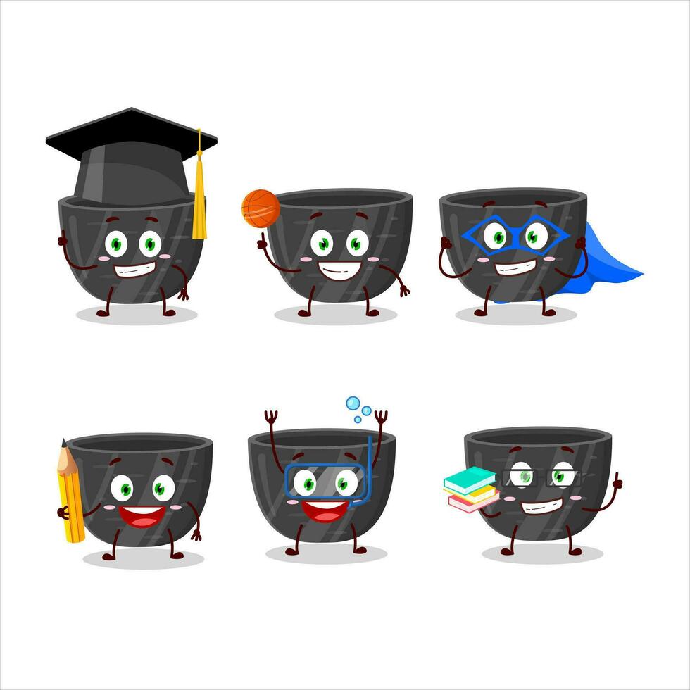 School student of black ceramic bowl cartoon character with various expressions vector