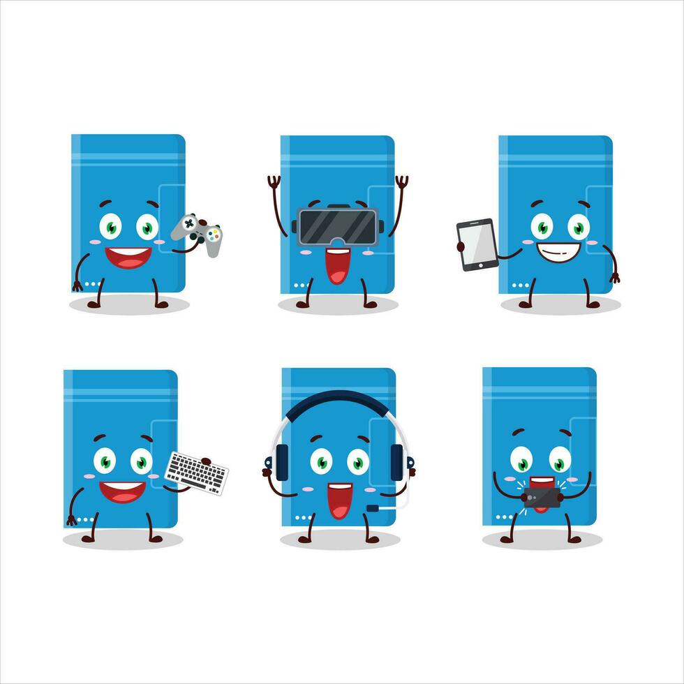 Power bank cartoon character are playing games with various cute emoticons vector