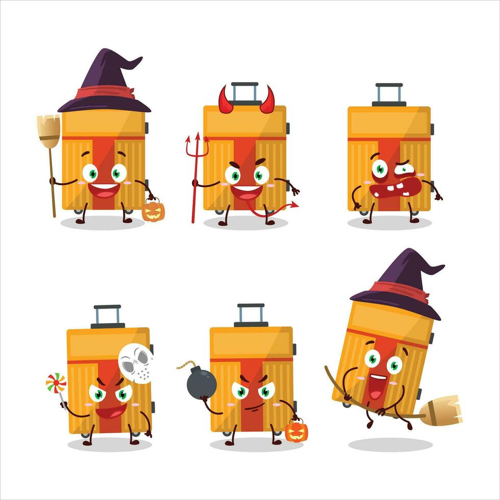 Víspera de Todos los Santos expresión emoticones con dibujos animados personaje de amarillo equipaje vector
