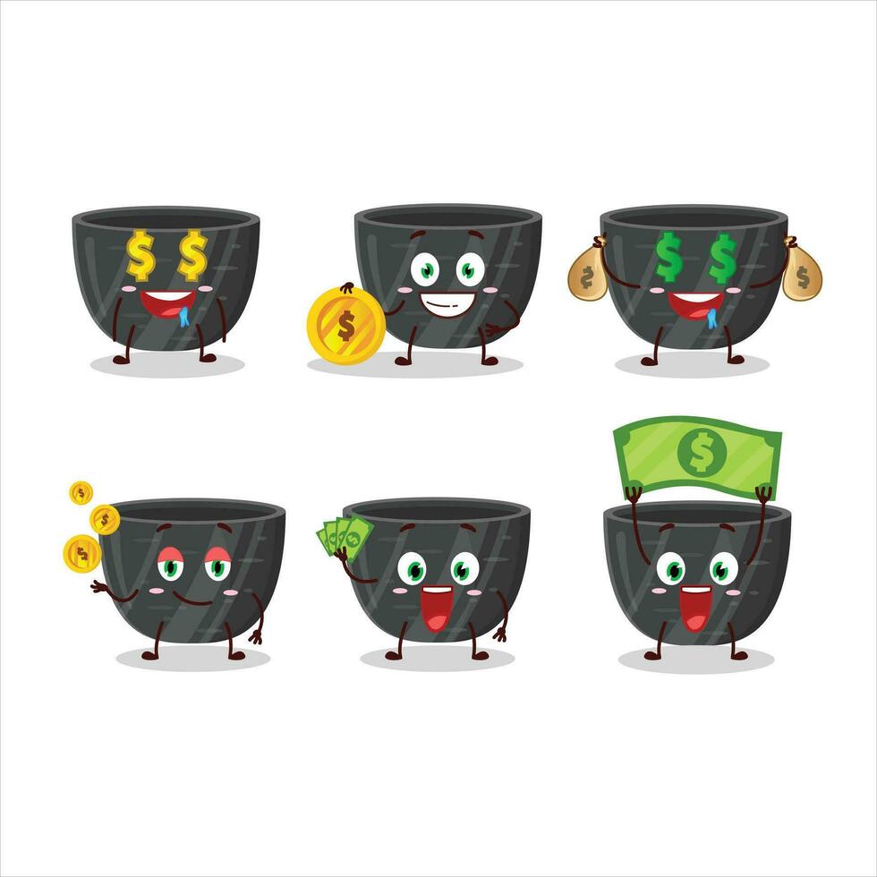 negro cerámico cuenco dibujos animados personaje con linda emoticon traer dinero vector