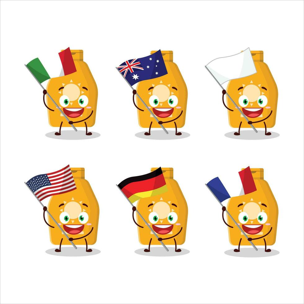 Lotion sunblock cartoon character bring the flags of various countries vector