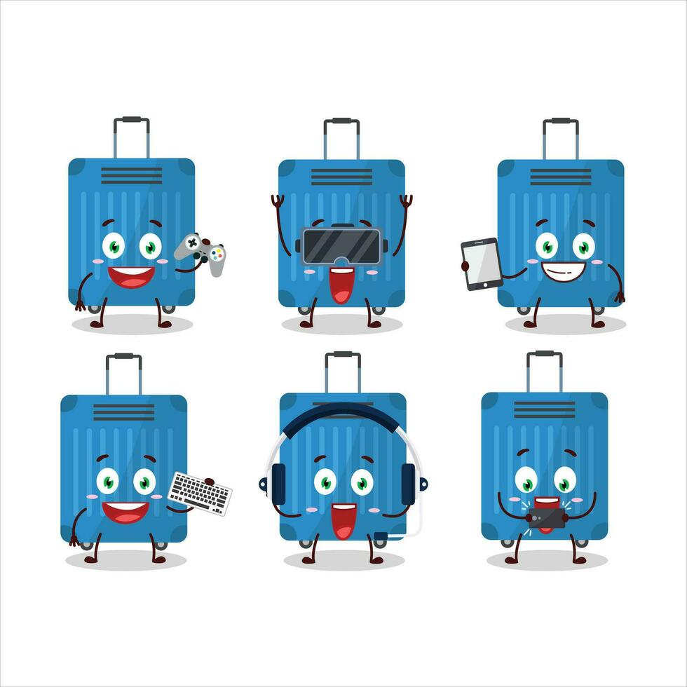 Blue lugage cartoon character are playing games with various cute emoticons vector