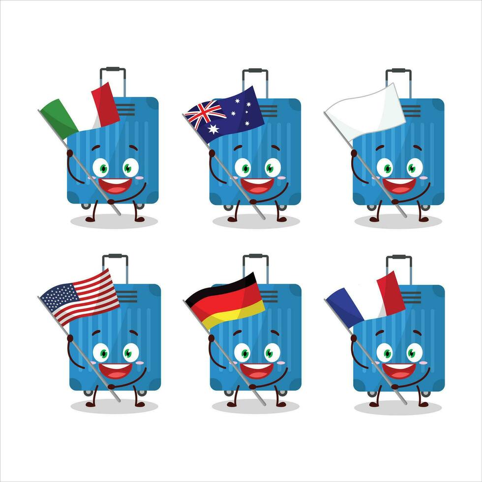 azul equipaje dibujos animados personaje traer el banderas de varios países vector