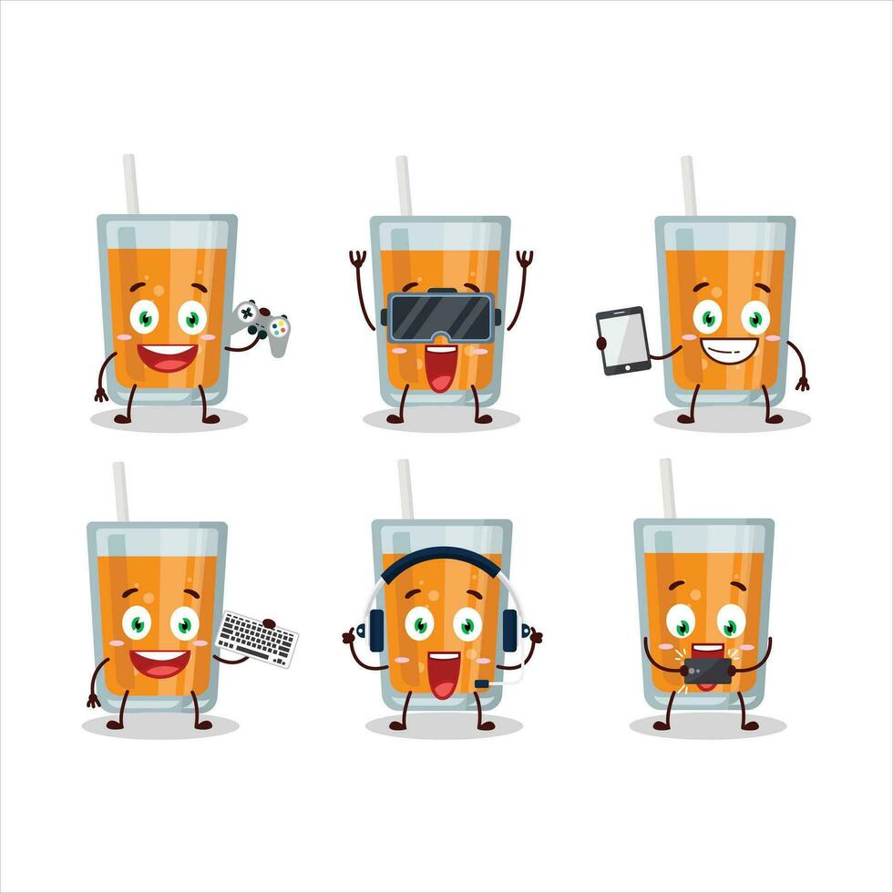 Orange juice cartoon character are playing games with various cute emoticons vector