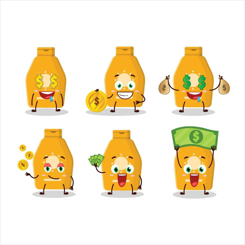 Lotion sunblock cartoon character with cute emoticon bring money vector