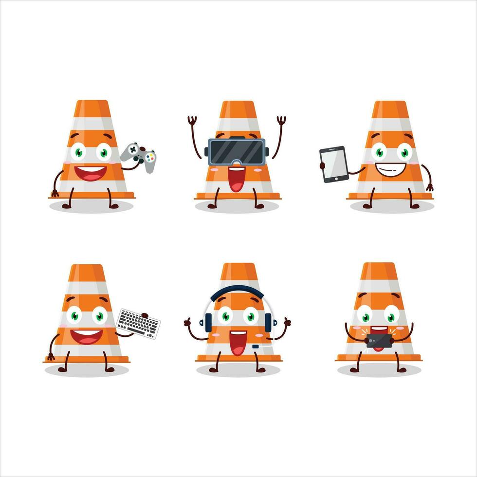 Orange traffic cone cartoon character are playing games with various cute emoticons vector