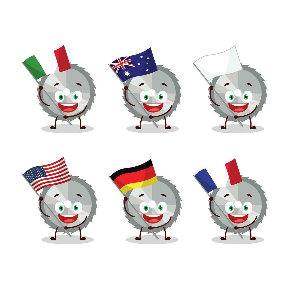 mano Sierra dibujos animados personaje traer el banderas de varios países vector