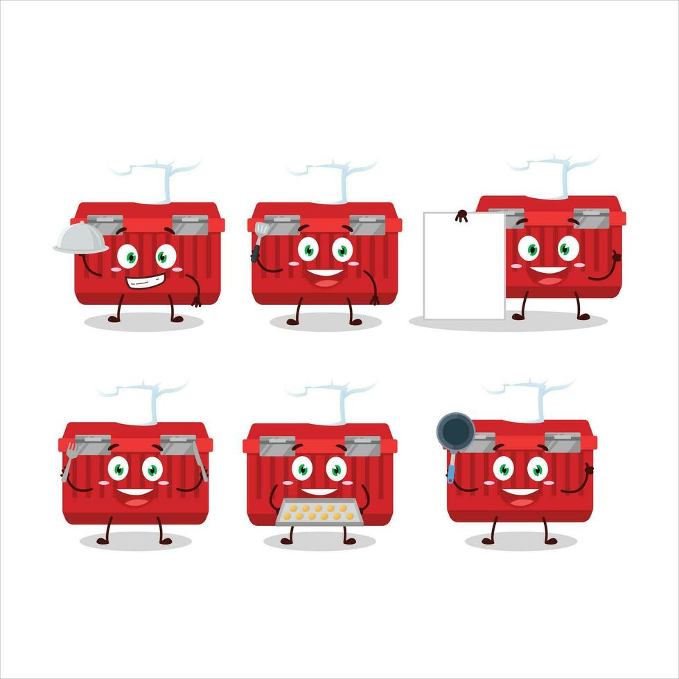 dibujos animados personaje de rojo caja de herramientas con varios cocinero emoticones vector