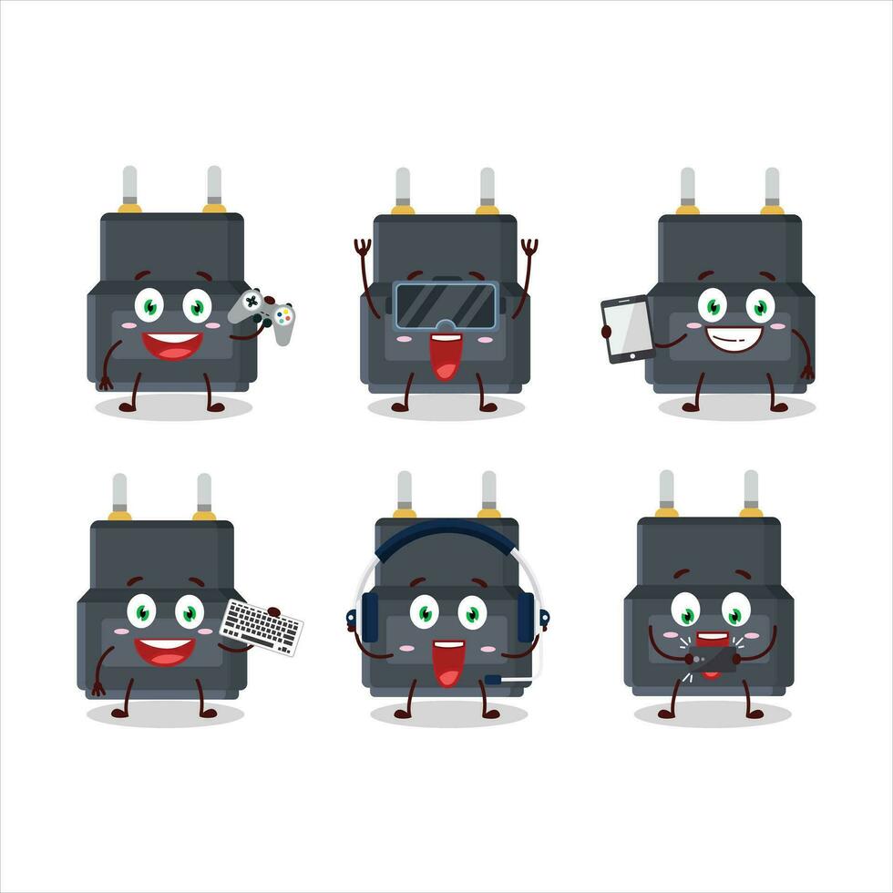 Adapter connector cartoon character are playing games with various cute emoticons vector