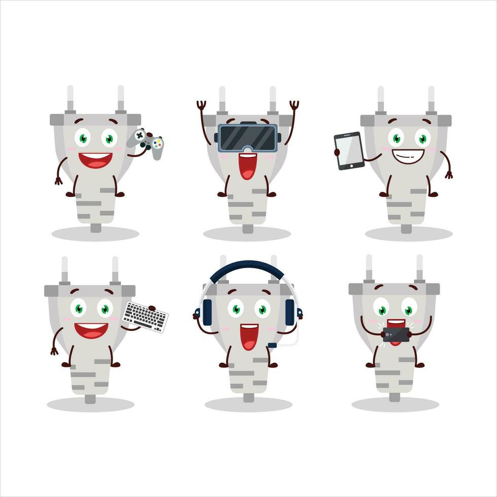 White plug cartoon character are playing games with various cute emoticons vector